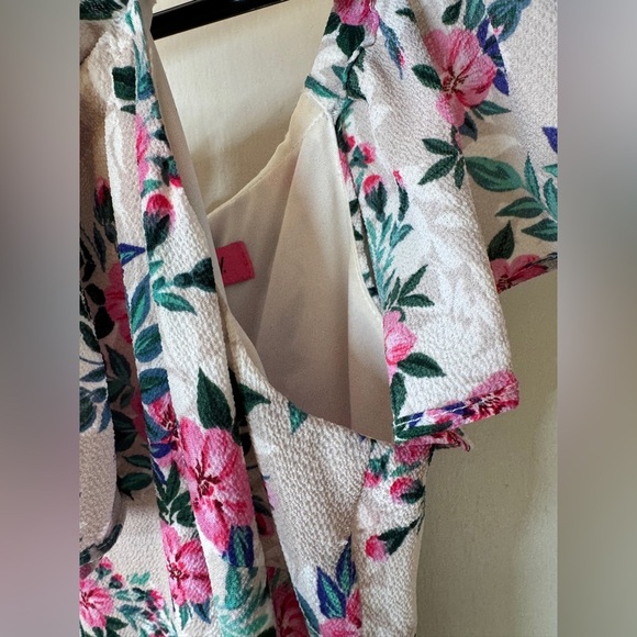 Betsey Johnson Off Shoulder Cream Pink Tropical Floral A Line Midi Dress Size 2 - Picture 5 of 13